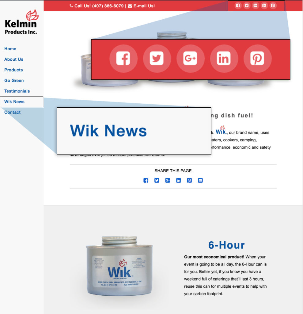 Kelmin Products, Inc. homepage highlighting social media and new "Wik News" blog
